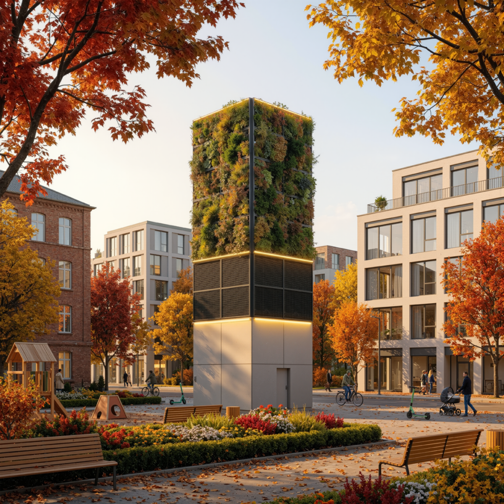 Illuminated, greened climate tower next to a playground in autumn evening light.