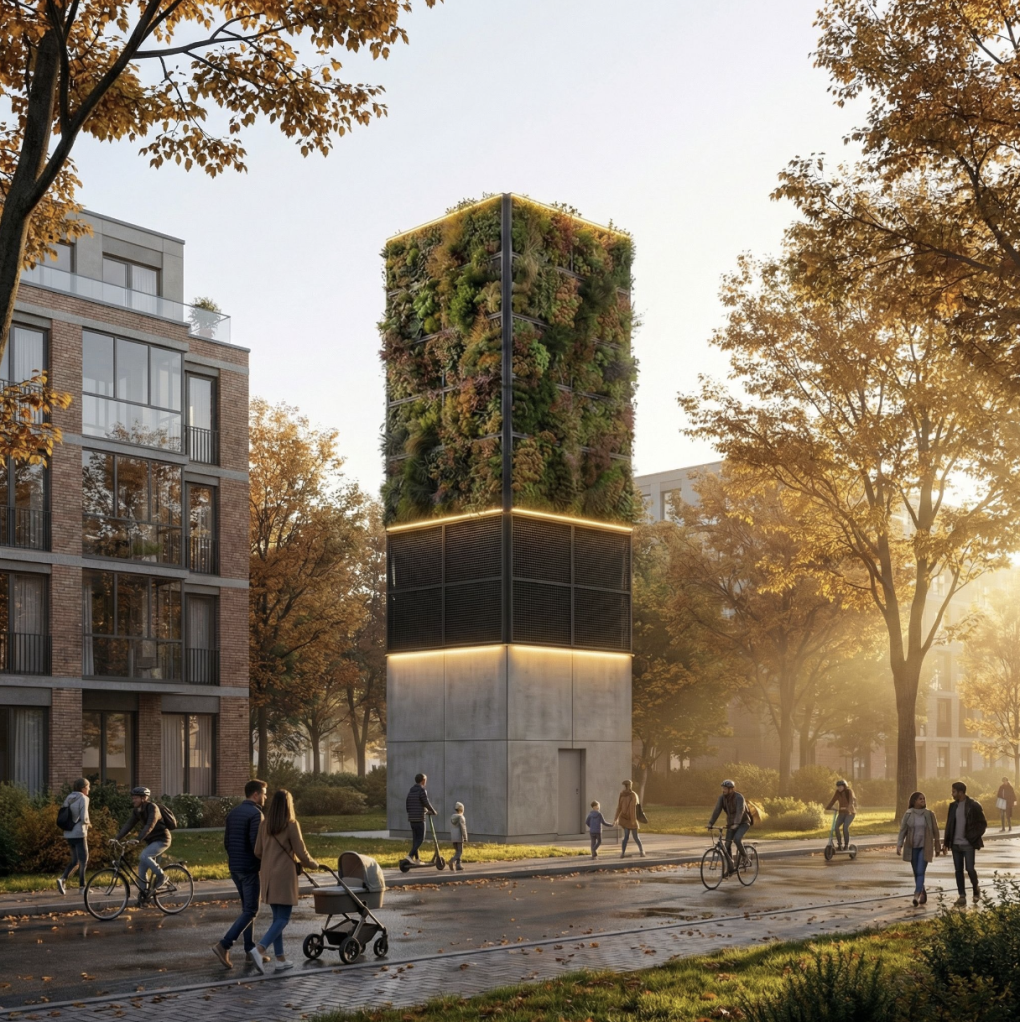 Illuminated, greened climate tower in a residential quarter. Pedestrians and cyclists on a traffic-calmed street in autumn evening light.