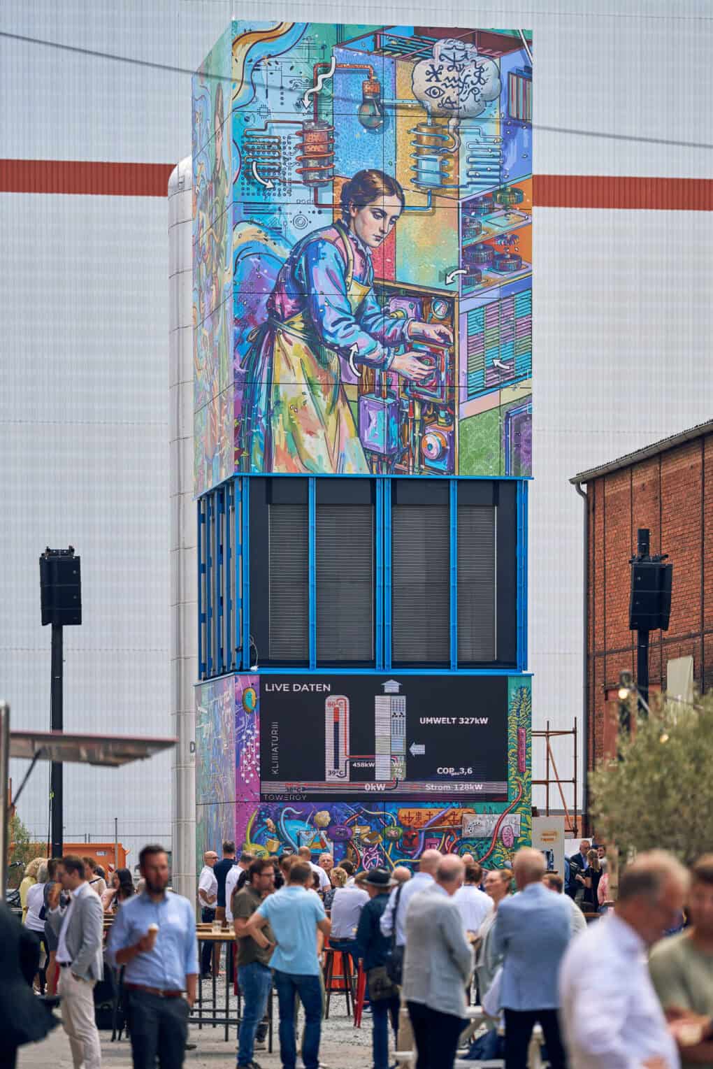 Moderne Energie-Messstation mit digitaler Anzeige und bunter Wandkunst.